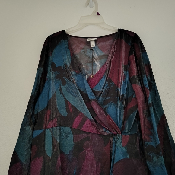 Ava & Viv Sheer Wrap Midi Dress Balloon Long Sleeve Teal Burgundy/Blue Sz 1X NWT - Picture 8 of 15